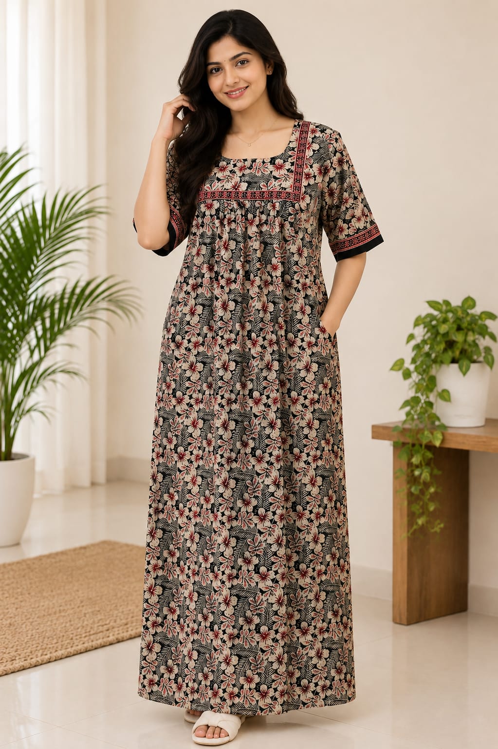 Yellow Floral Printed Black Jaipur Cotton Plus Size No Zip Pleated Nighty | Chest Width 50″| Length 56″