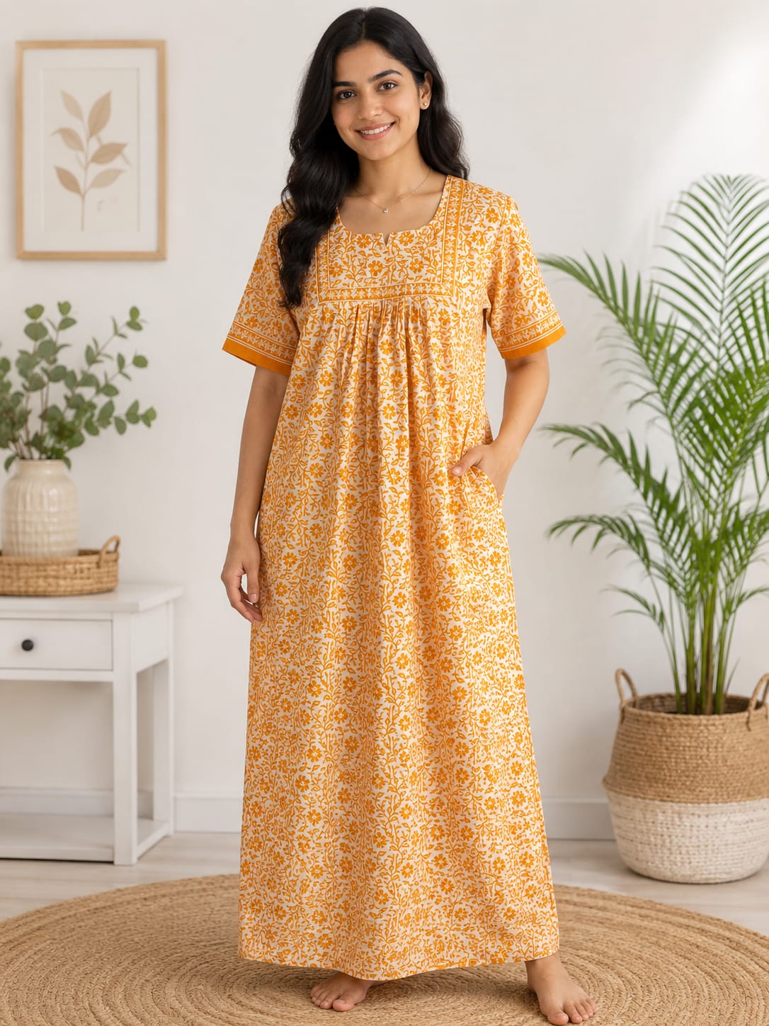 Mustard Yellow Floral Printed Jaipur Cotton Plus Size No Zip Pleated Nighty | Chest Width 50″| Length 56″