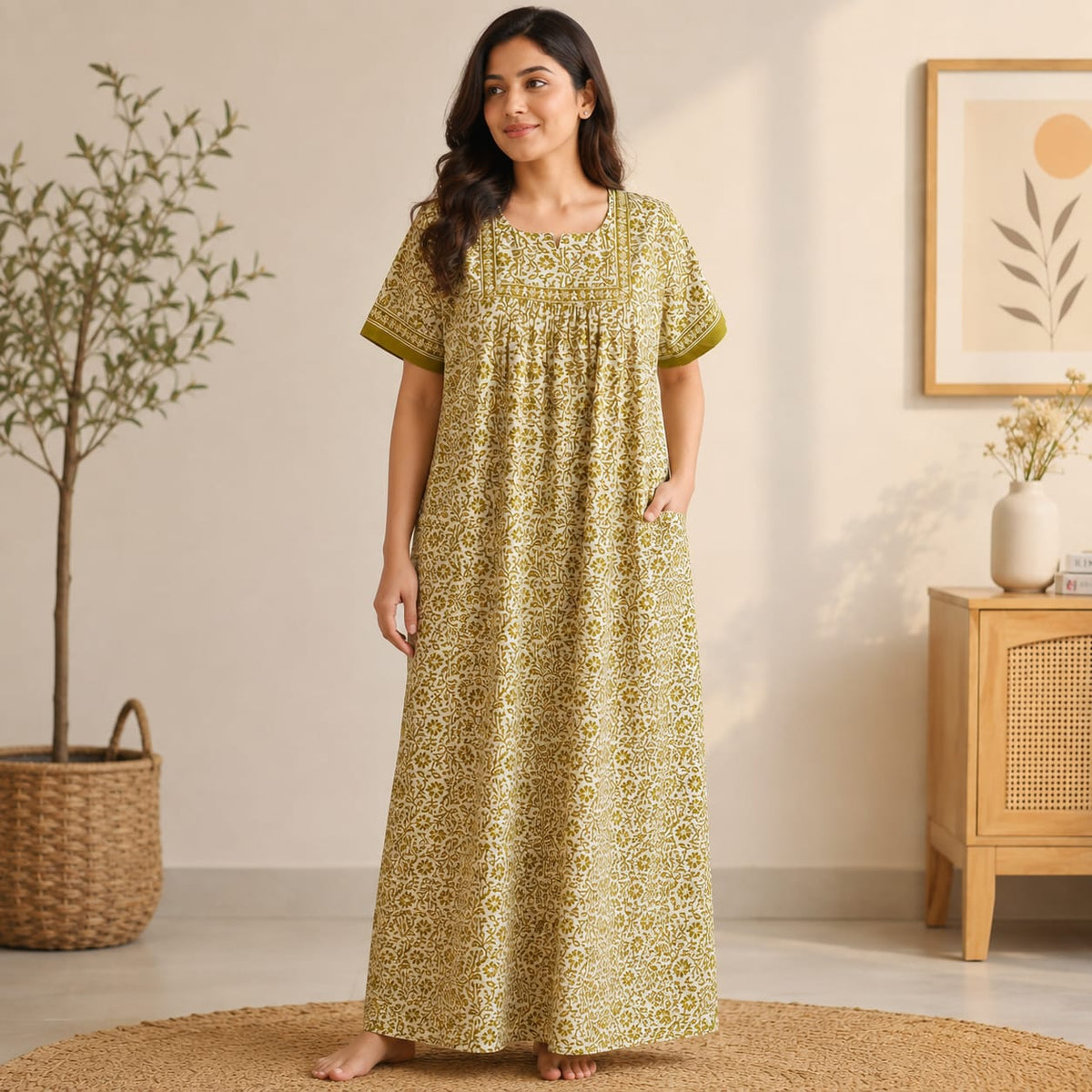 Green Floral Printed Jaipur Cotton Plus Size No Zip Pleated Nighty | Chest Width 50″| Length 56″