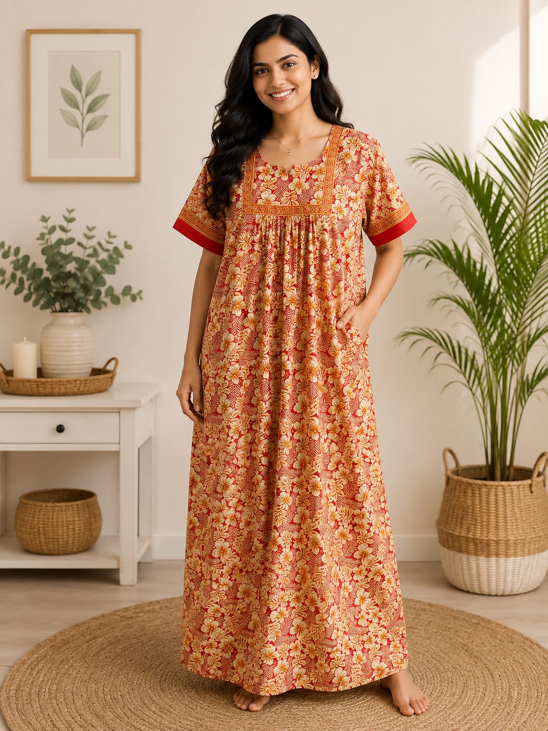 Yellow Floral Printed Red Jaipur Cotton No Zip Pleated Nighty | Free Size | Chest Width 44″| Length 60″