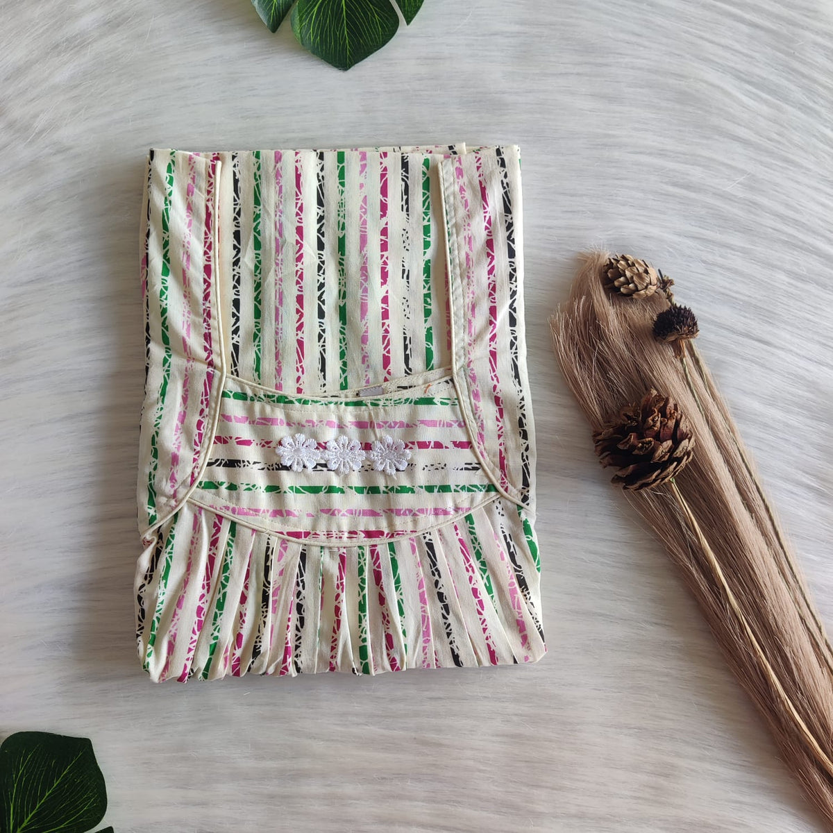 Green And Pink Stripes Premium Cotton Three Flower Nighty |Free Size | Chest Width 44"| Length 54"-55"