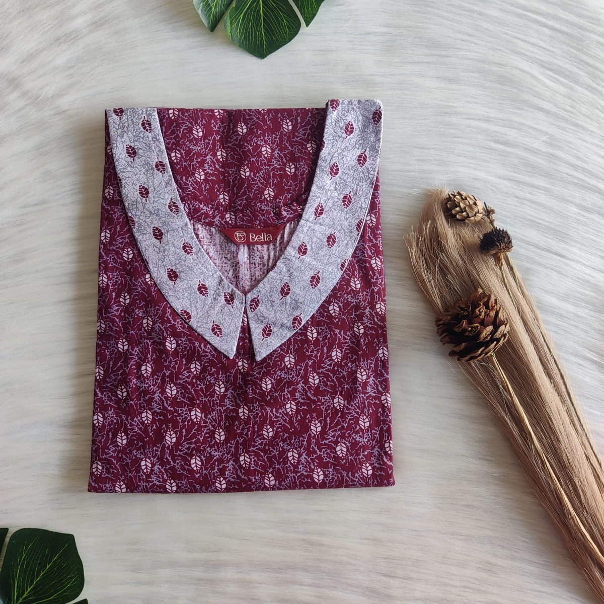 Grey And Maroon Printed Premium Cotton Peter Pan Collar Nighty | Free Size | Chest Width 44″| Length 55″-56″