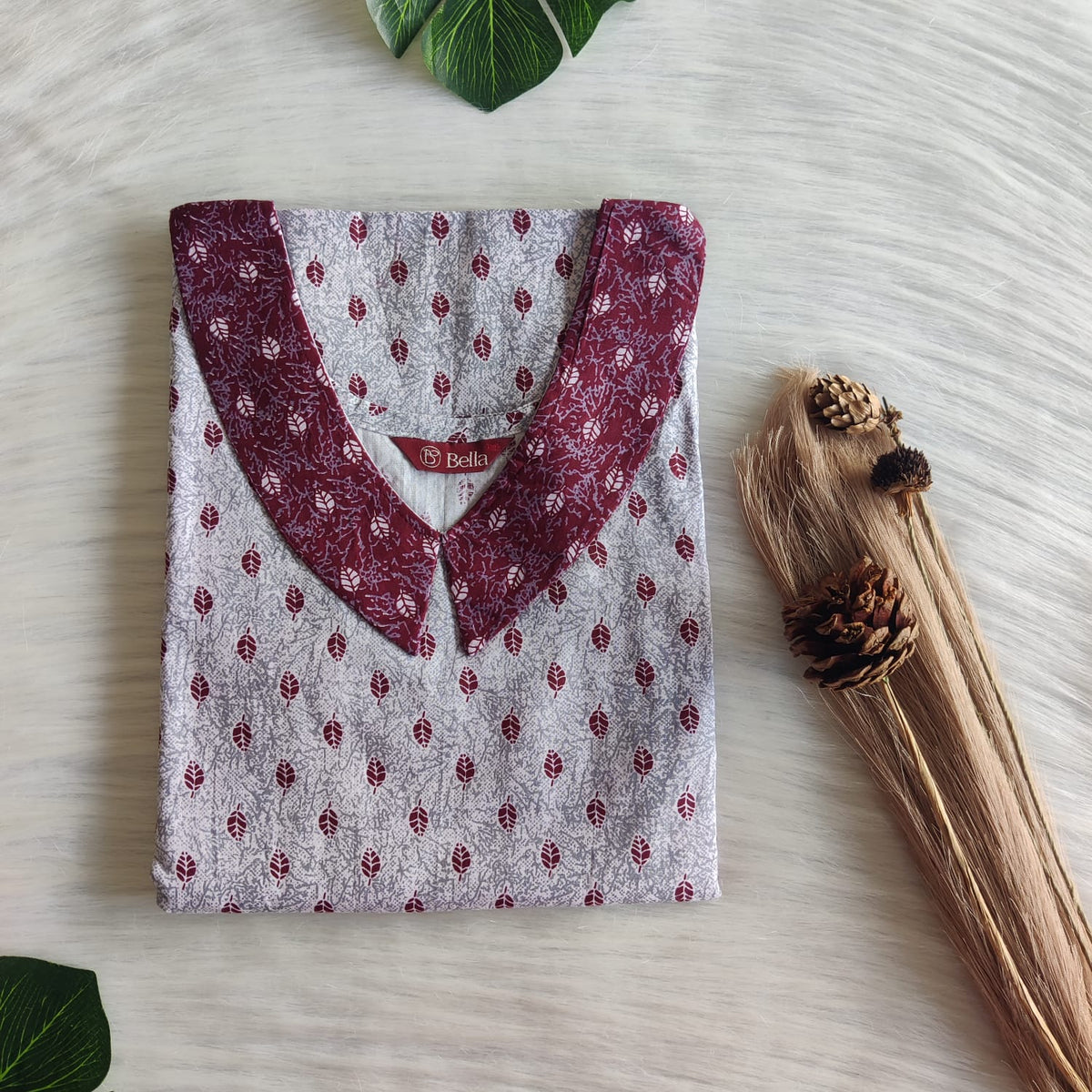 Maroon And Grey Printed Premium Cotton Peter Pan Collar Nighty | Free Size | Chest Width 44″| Length 55″-56″