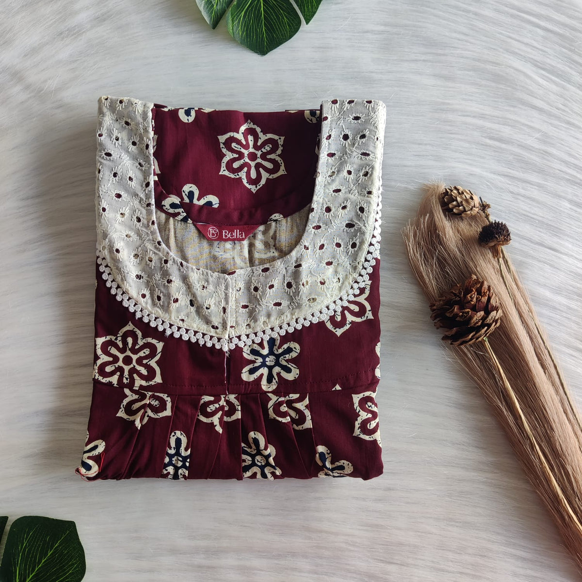 Cream Floral Printed Maroon Gujari Cotton Hakoba Lace Nighty | Free Size | Chest Width 44″| Length 54″-56″