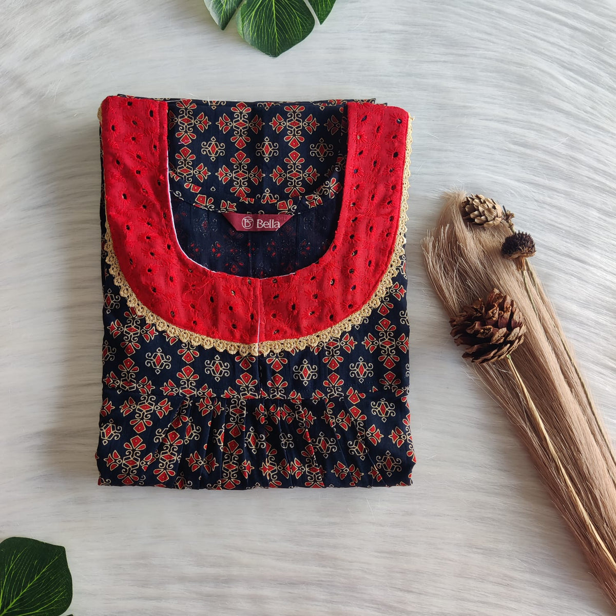 Red Floral Printed Navy Blue Gujari Cotton Hakoba Lace Nighty | Free Size | Chest Width 44″| Length 54″-56″