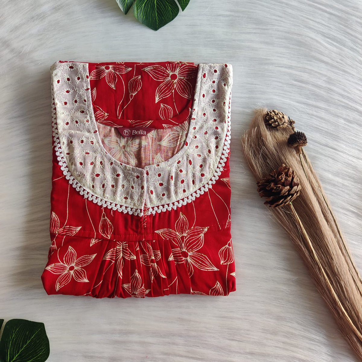 Cream Floral Printed Red Gujari Cotton Hakoba Lace Nighty | Free Size | Chest Width 44″| Length 54″-56″