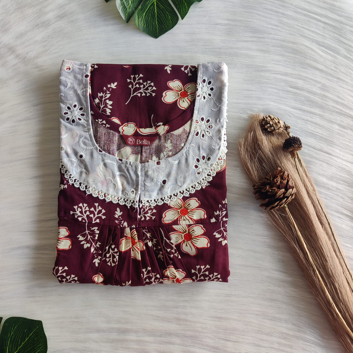 Cream And Red Floral Printed Maroon Gujari Cotton Hakoba Lace Nighty | Free Size | Chest Width 44″| Length 54″-56″