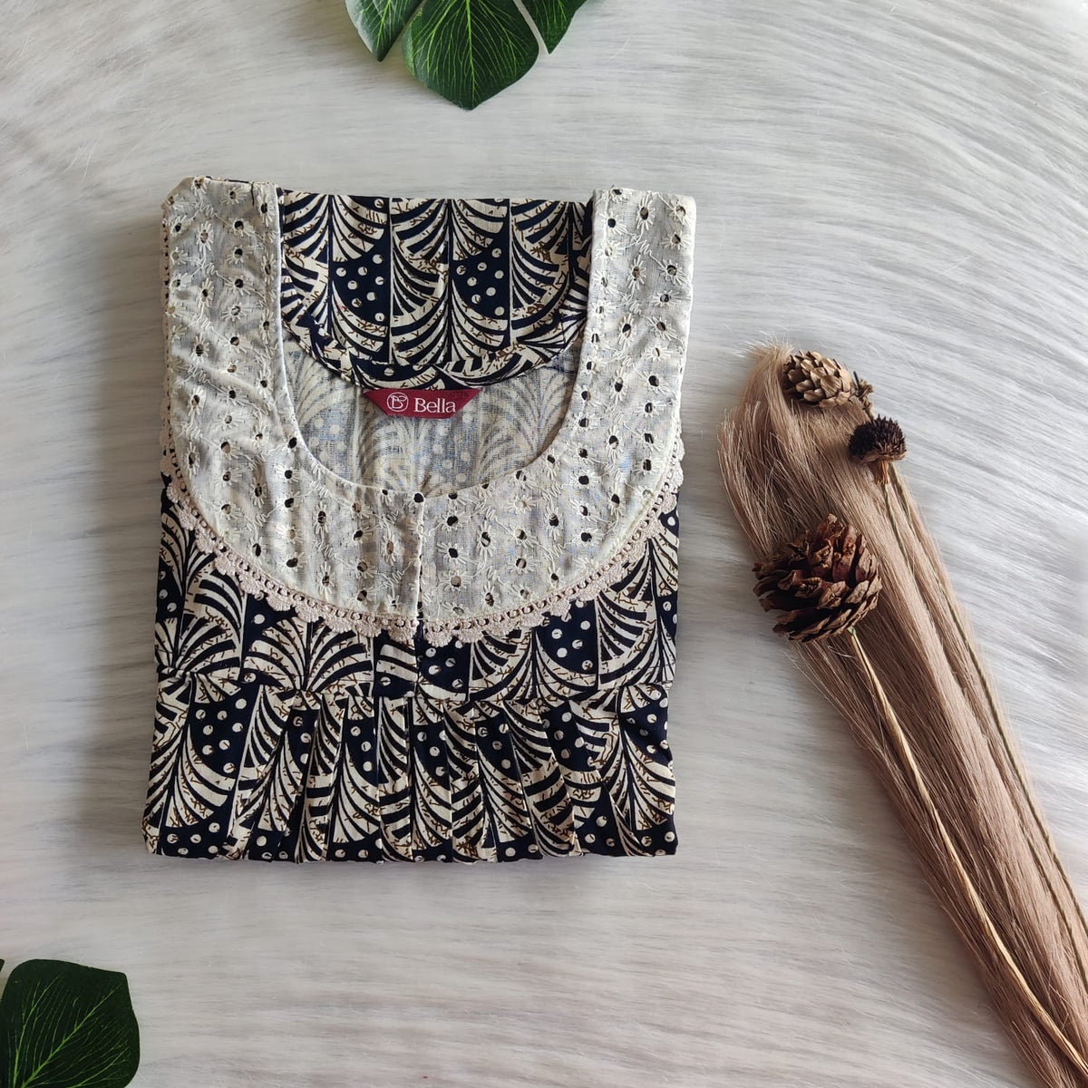 Cream Printed Navy Blue Gujari Cotton Hakoba Lace Nighty | Free Size | Chest Width 44″| Length 54″-56″