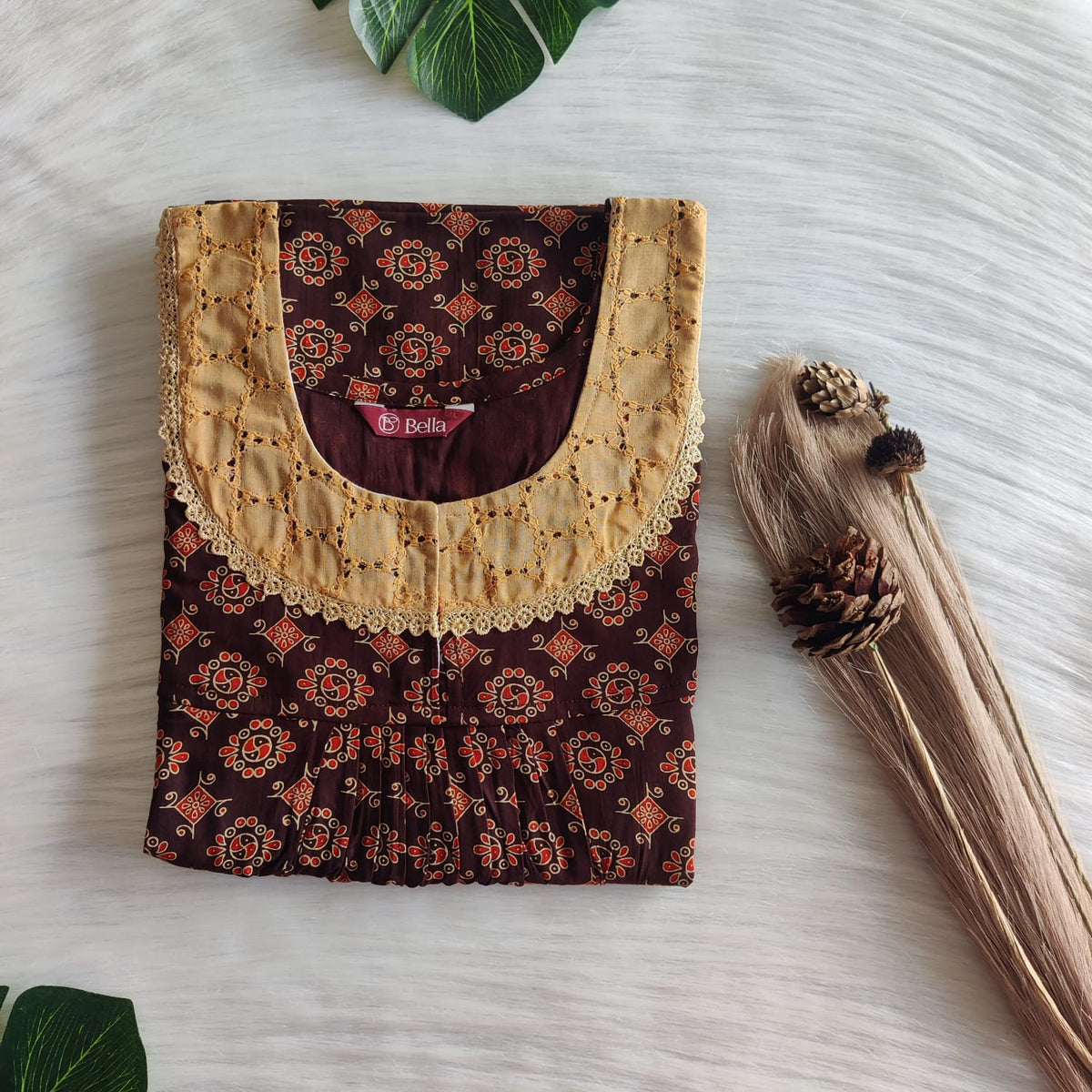 Red Floral Printed Coffee Brown Cotton Hakoba Lace Nighty | Free Size | Chest Width 44″| Length 54″-56″
