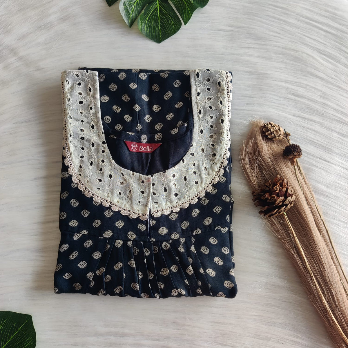 Navy Blue Bandhani Printed Alfine Hakoba Lace Nighty | Free Size | Chest Width 44″| Length 54″-56″