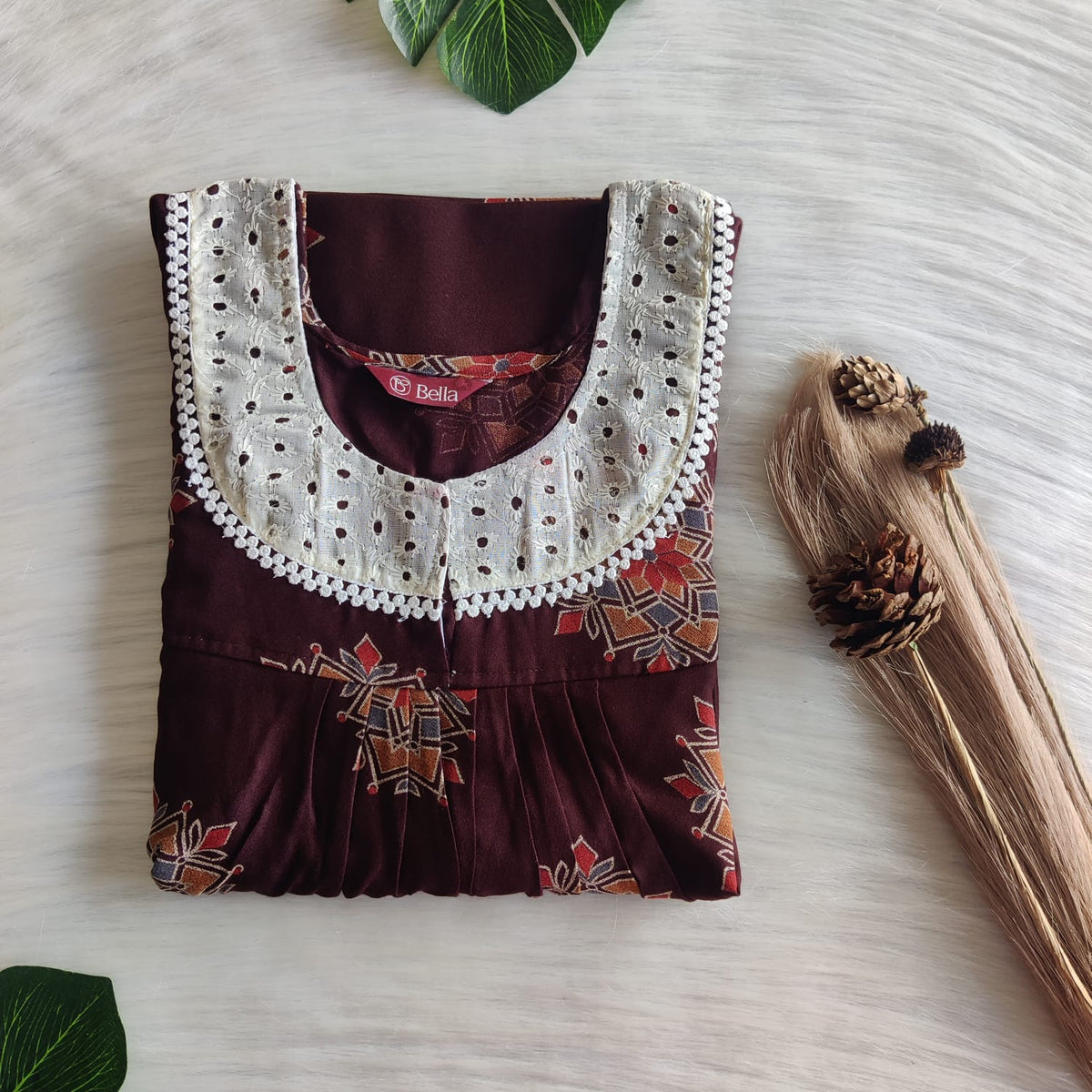 Coffee Brown Floral Printed Alfine Hakoba Lace Nighty | Free Size | Chest Width 44″| Length 54″-56″