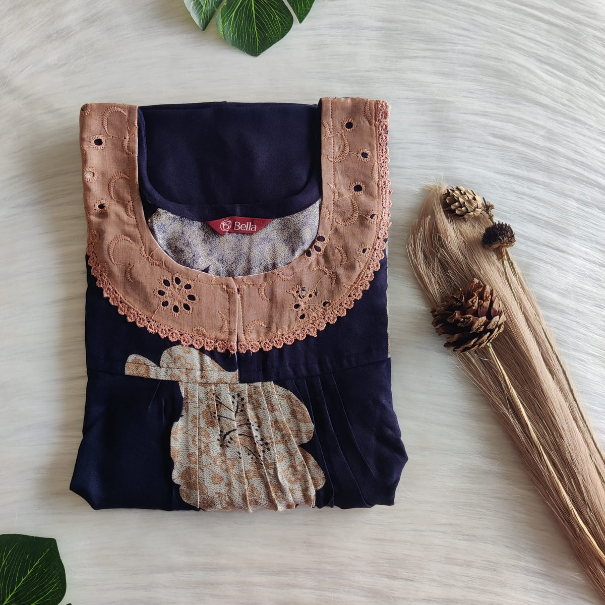 Cream Printed Navy Blue Alfine Plus Size Hakoba Lace Nighty | Chest Width 50″| Length 56″