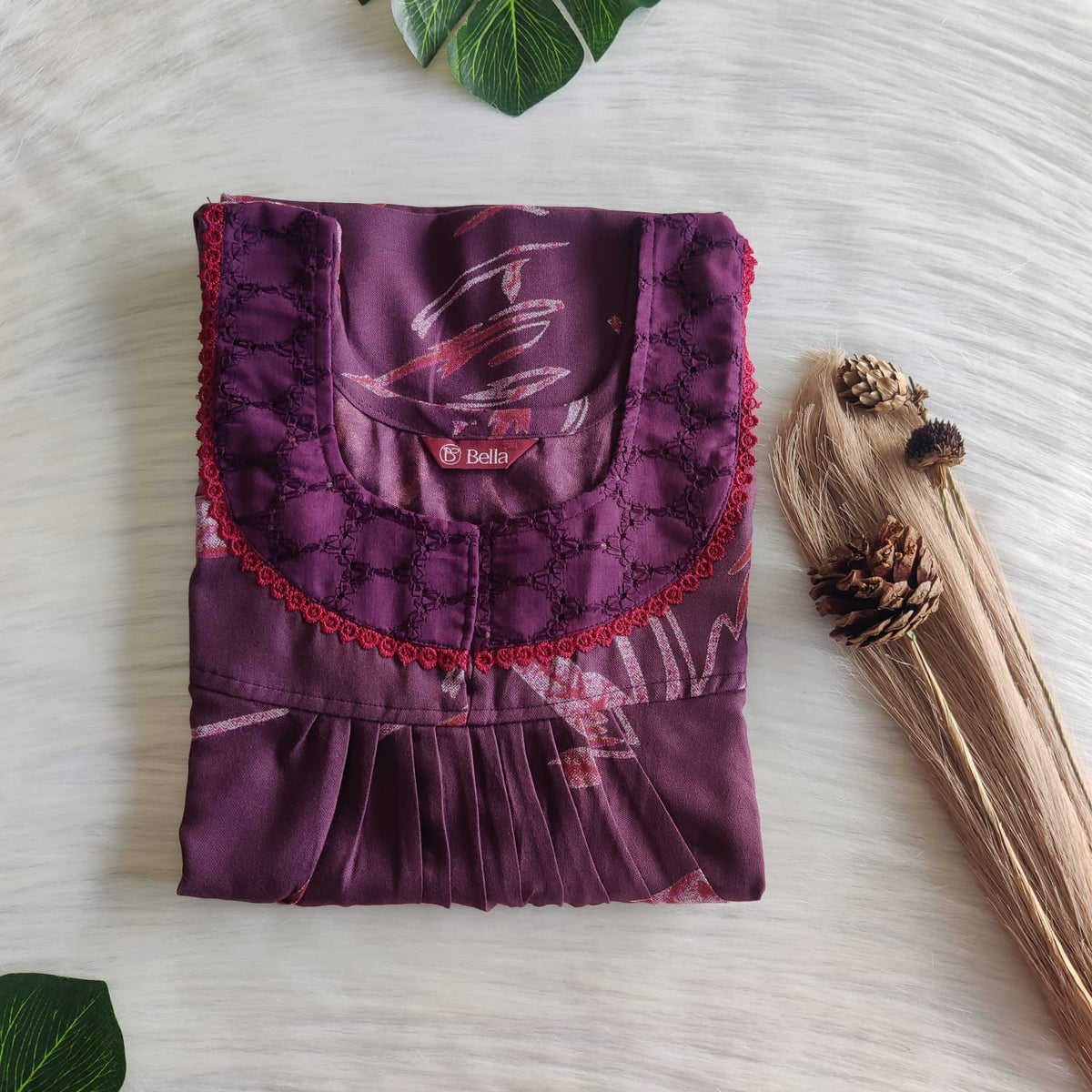 Wine Printed Printed Alfine Hakoba Lace Nighty | Free Size | Chest Width 44″| Length 54″-56″