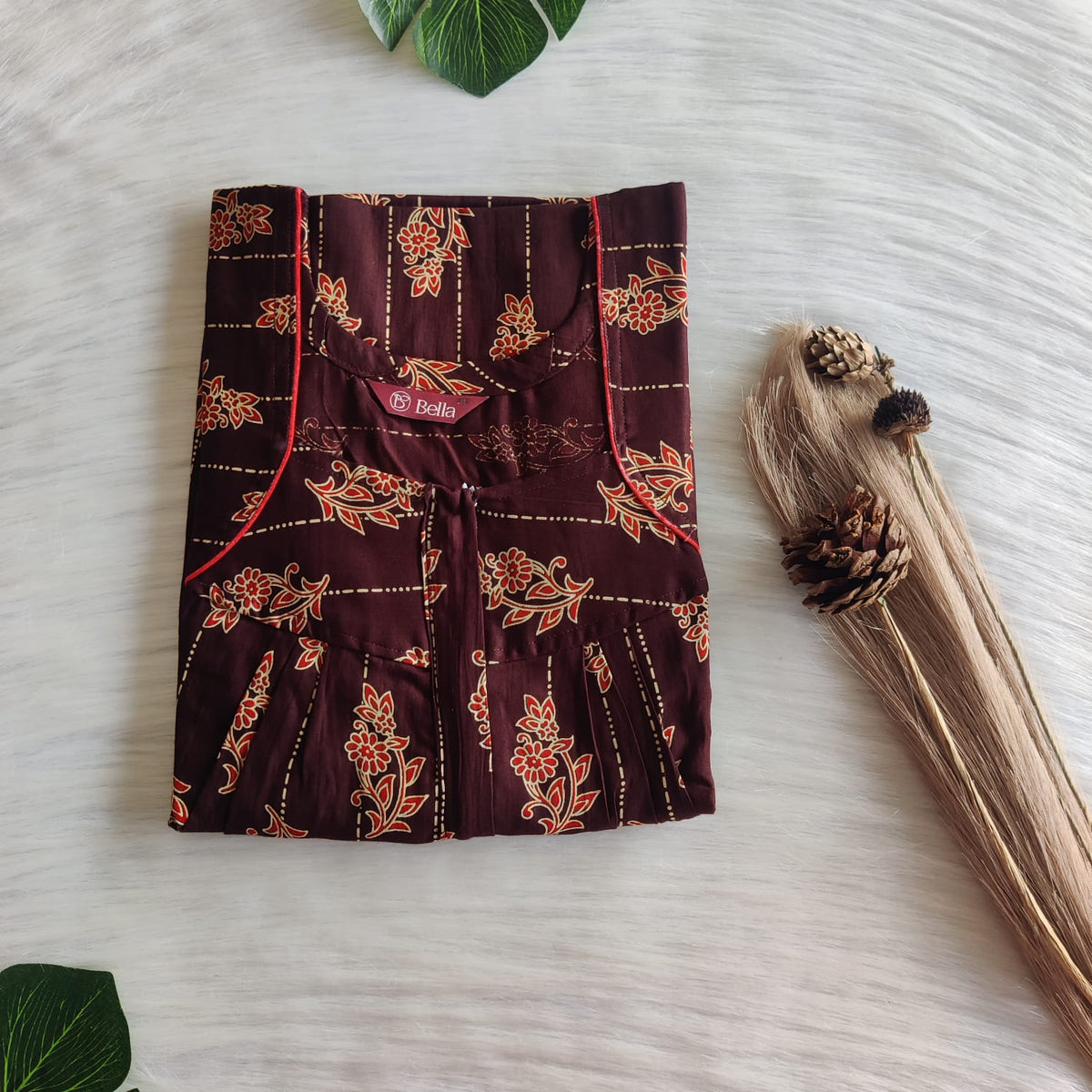 Red Floral Printed Coffee Brown Gujari Cotton Pleated Zip Nighty | Chest Width 44″ | Length 54″-55″