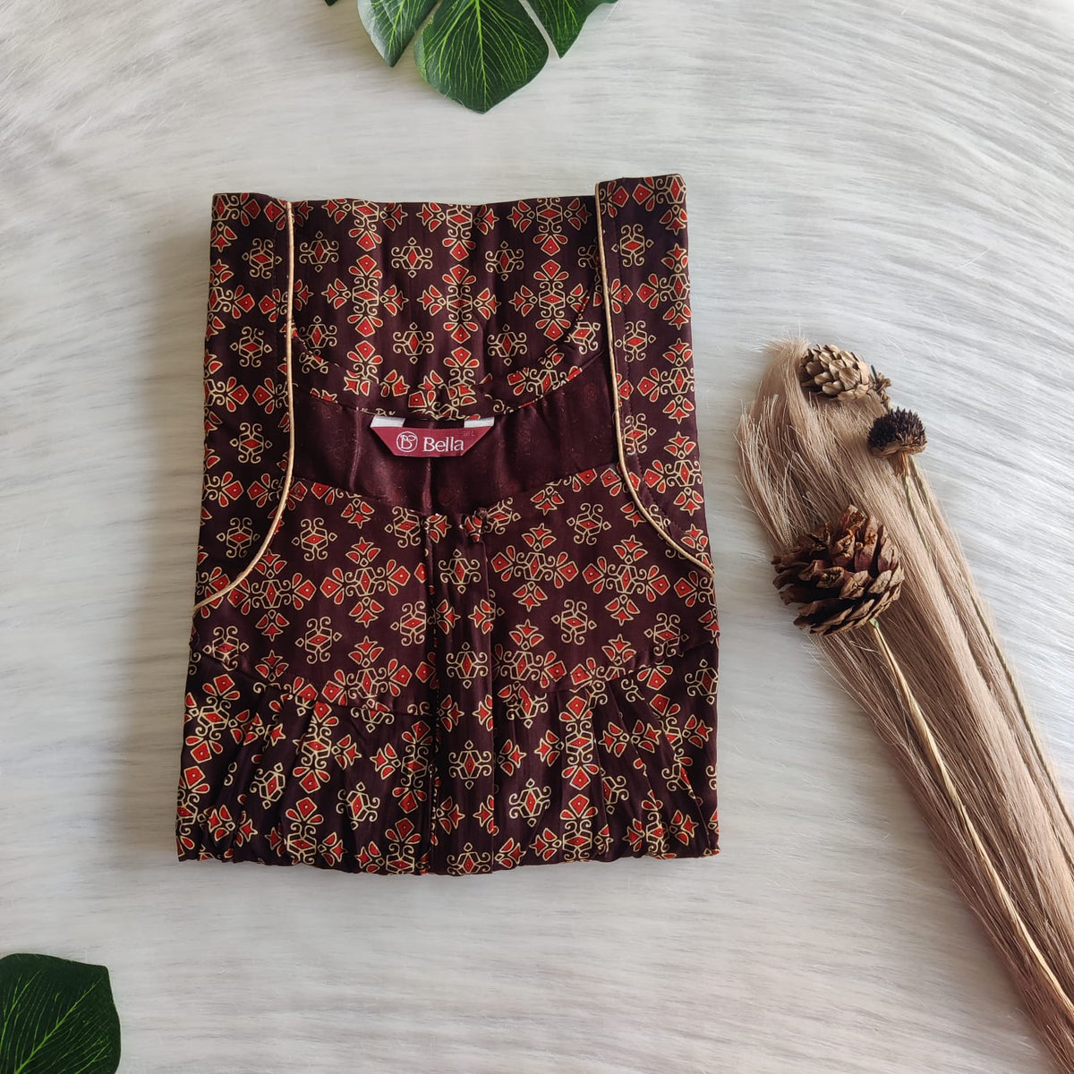 Coffee Brown And Red Printed Gujari Cotton Pleated Zip Nighty | Chest Width 44″ | Length 54″-55″
