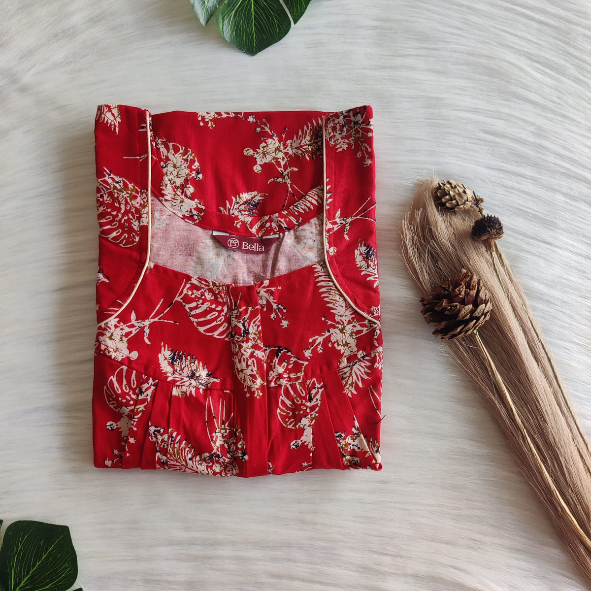 Cream Leaf Printed Red Gujari Cotton Pleated Zip Nighty | Chest Width 44″ | Length 54″-55″