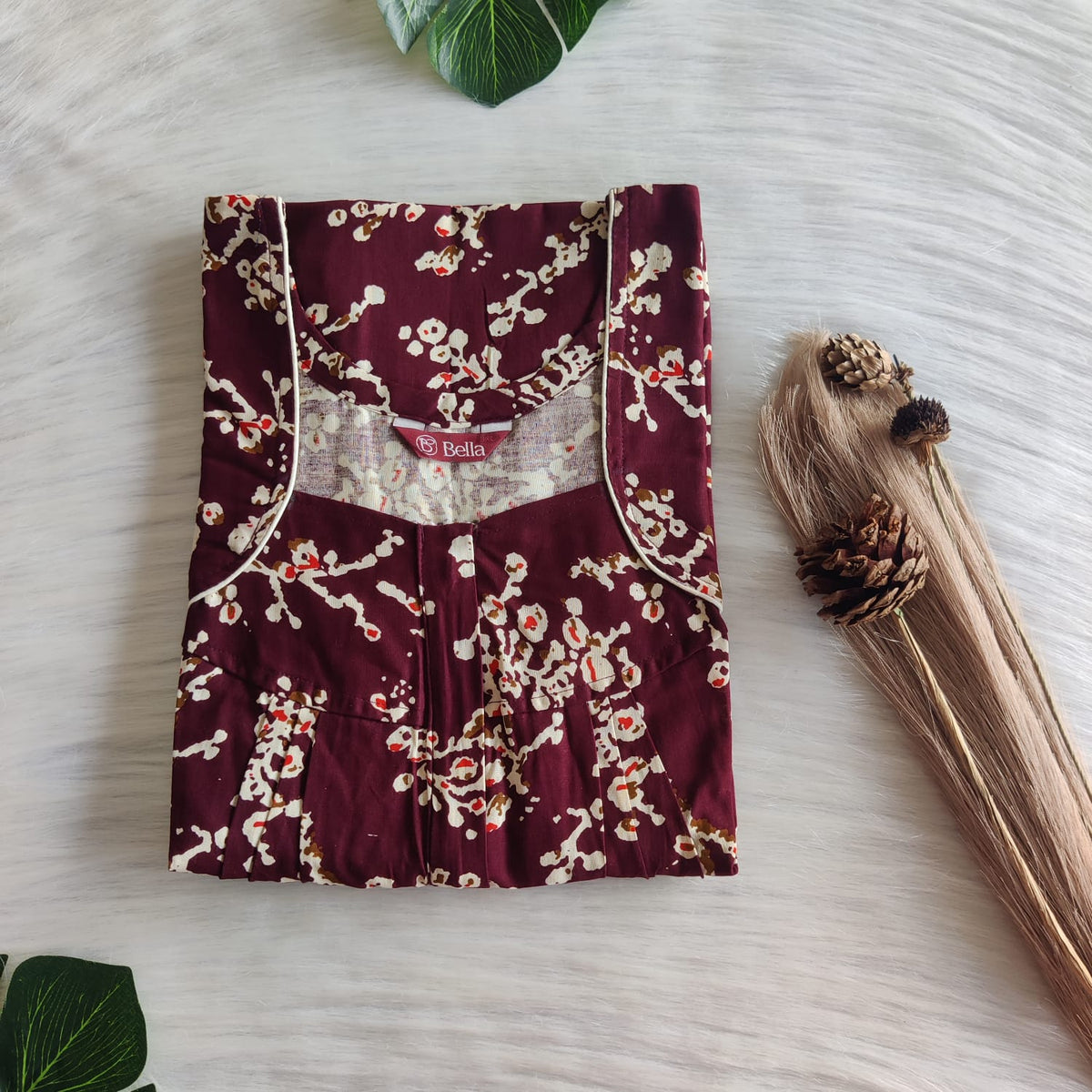 Cream Printed Maroon Gujari Cotton Pleated Zip Nighty | Chest Width 44″ | Length 54″-55″