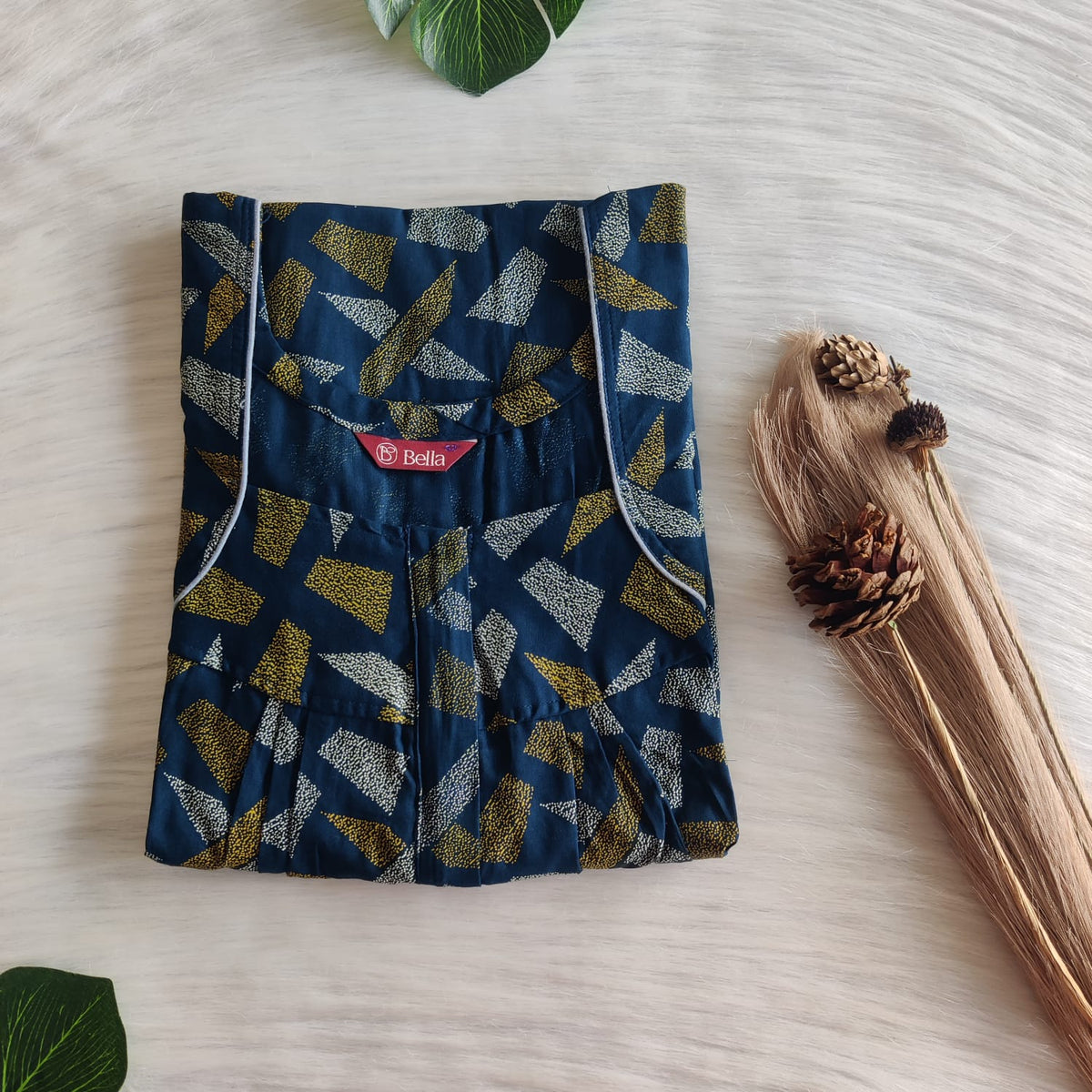 Green Printed Teal Blue Discharge Cotton Pleated Zip Nighty | Chest Width 44″ | Length 54″-55″