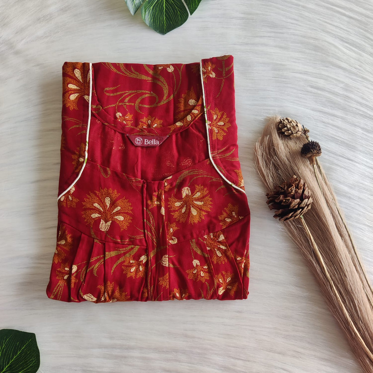 Orange Floral Printed Maroon Discharge Cotton Pleated Zip Nighty | Chest Width 44″ | Length 54″-55″