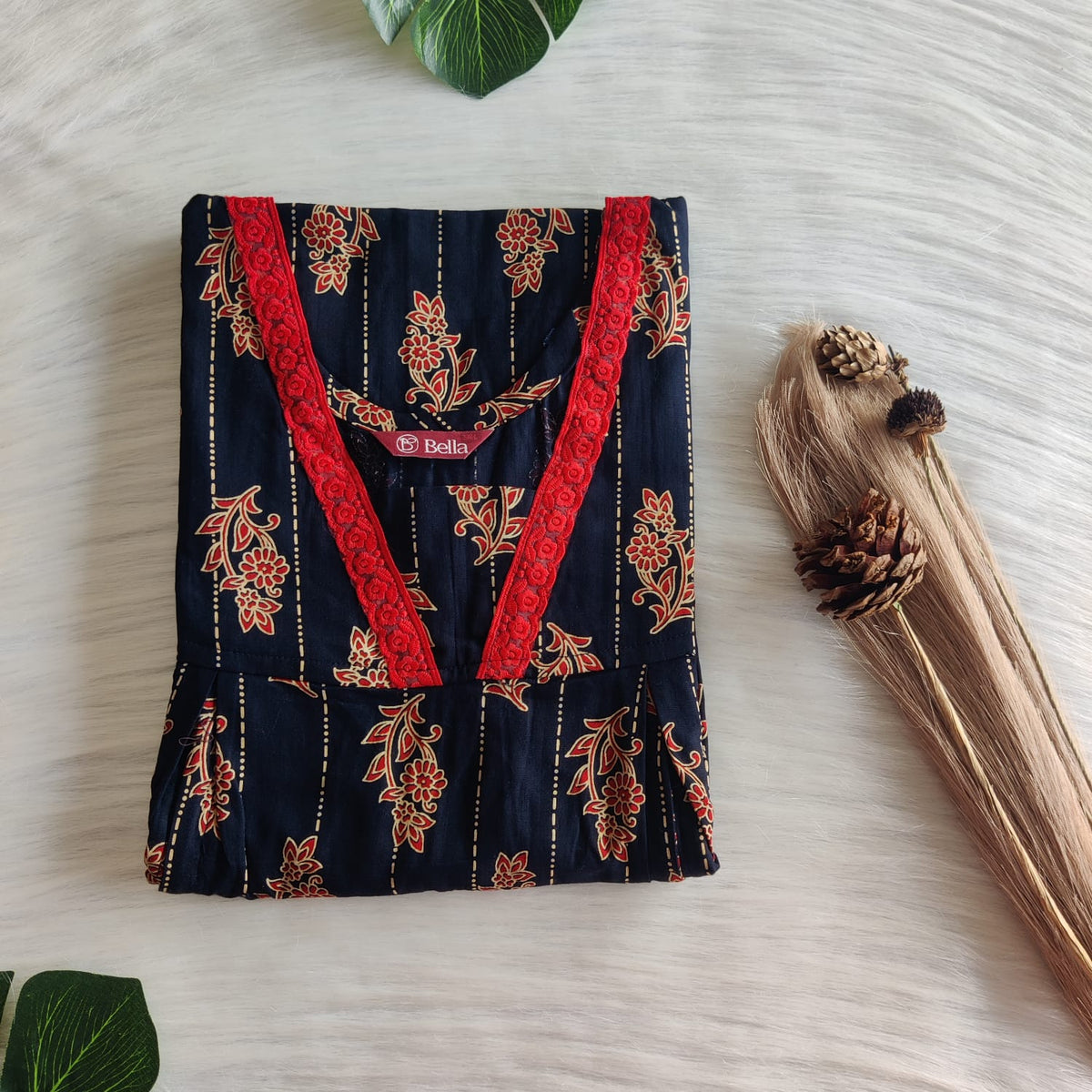 Red Floral Printed Black Gujari Cotton Two Side Vertical Lace Zip Feeding Nighty | Free Size | Chest Width 44″| Length 56″
