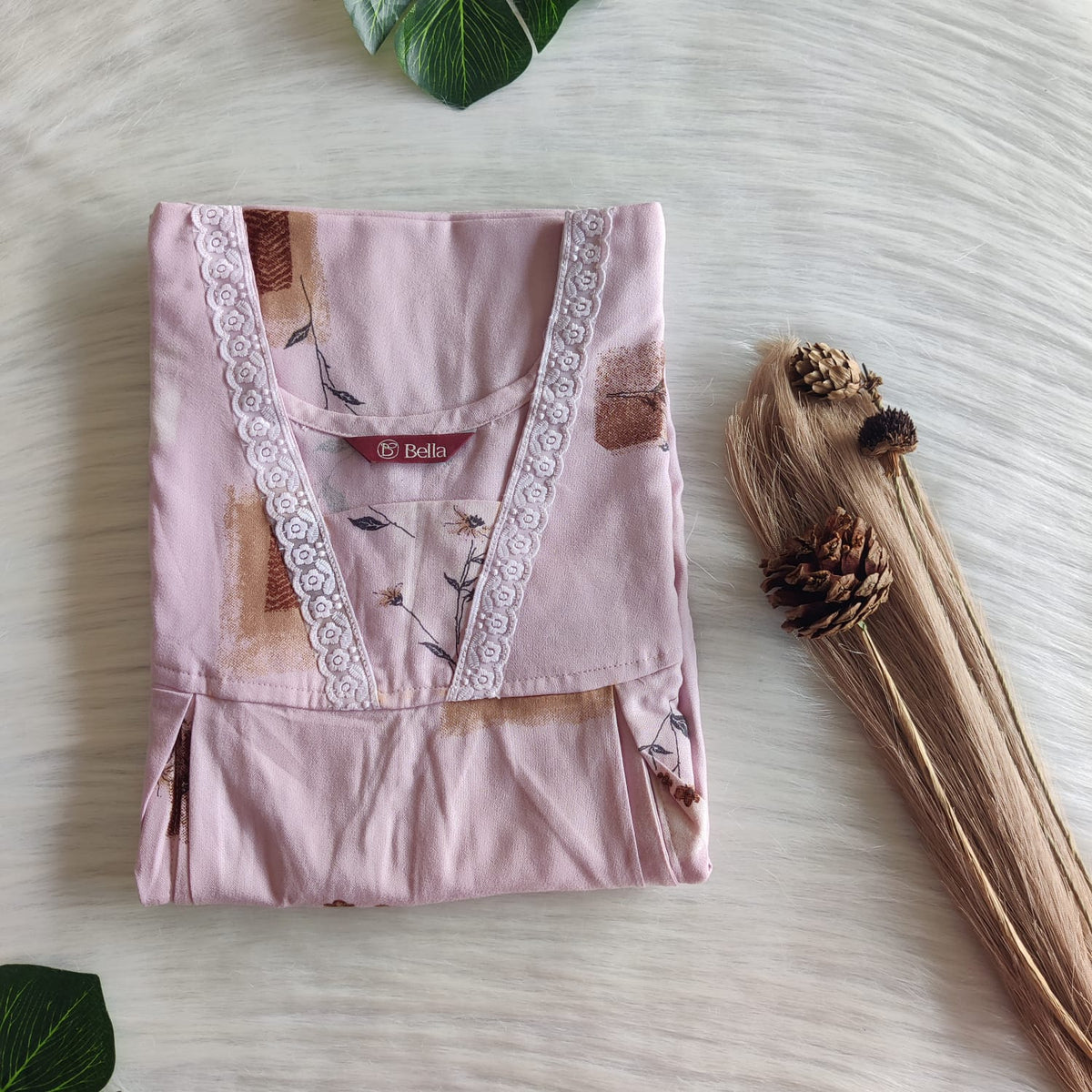 Pastel Pink Printed Alfine Two Side Vertical Zip Lace Nighty | Free Size | Chest Width 44″ | Length 56″