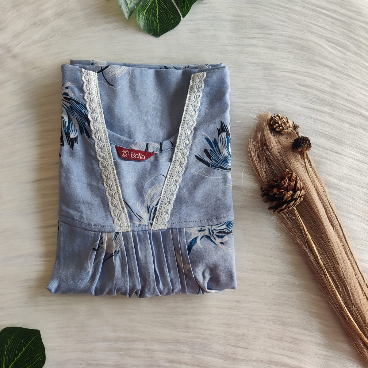 Pastel Blue Printed Alfine V-Neck Lace Pleated Nighty | No Zip | Free Size | Chest Width 44″| Length 56″