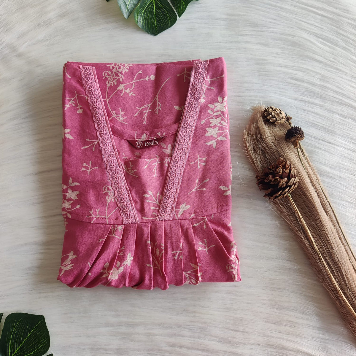 Cream Floral Printed Pink Alfine 60 Inch Length V-Neck Lace Pleated Nighty | No Zip | Free Size | Chest Width 44″| Length 60″
