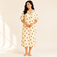 Red Water Melon Printed Ivory Premium Cotton Full Open Long Polo Shirt Dress | Side Pocket | Free Size | Chest Width 44″| Length 44″