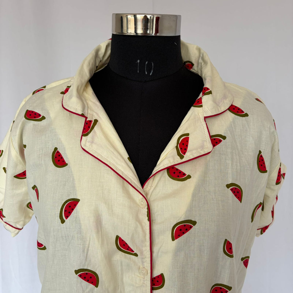 Red Water Melon Printed Ivory Premium Cotton Full Open Long Polo Shirt Dress | Side Pocket | Free Size | Chest Width 44″| Length 44″