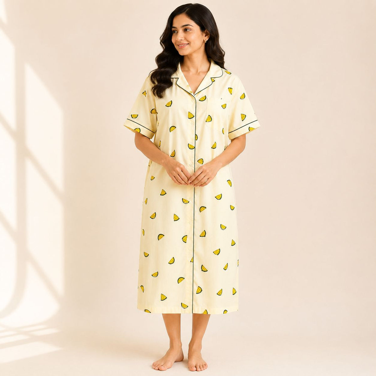 Yellow Water Melon Printed Ivory Premium Cotton Full Open Long Polo Shirt Dress | Side Pocket | Free Size | Chest Width 44″| Length 44″