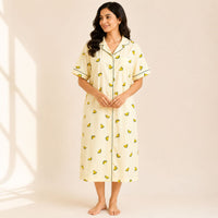 Yellow Water Melon Printed Ivory Premium Cotton Full Open Long Polo Shirt Dress | Side Pocket | Free Size | Chest Width 44″| Length 44″