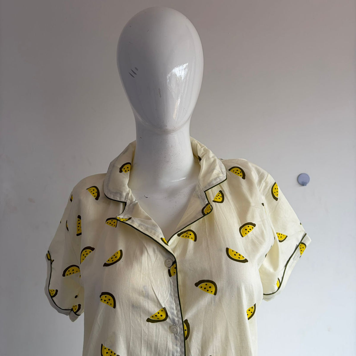 Yellow Water Melon Printed Ivory Premium Cotton Full Open Long Polo Shirt Dress | Side Pocket | Free Size | Chest Width 44″| Length 44″