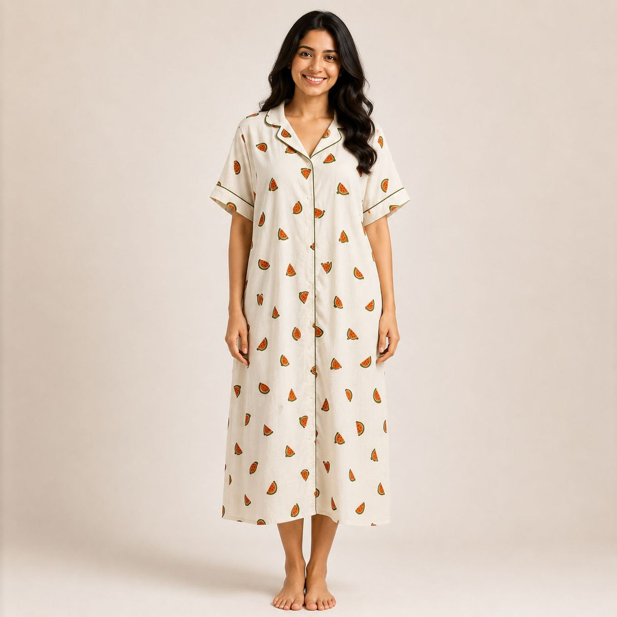 Brown Water Melon Printed Ivory Premium Cotton Full Open Long Polo Shirt Dress | Side Pocket | Free Size | Chest Width 44″| Length 44″