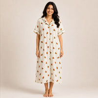 Brown Water Melon Printed Ivory Premium Cotton Full Open Long Polo Shirt Dress | Side Pocket | Free Size | Chest Width 44″| Length 44″