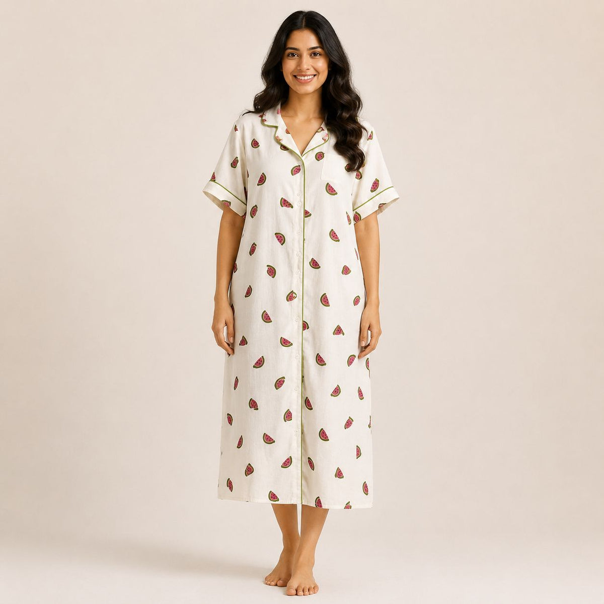 Pink Water Melon Printed Ivory Premium Cotton Full Open Long Polo Shirt Dress | Side Pocket | Free Size | Chest Width 44″| Length 44″