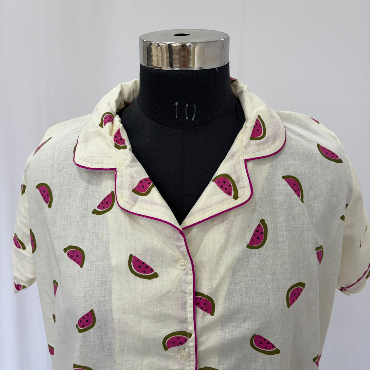 Pink Water Melon Printed Ivory Premium Cotton Full Open Long Polo Shirt Dress | Side Pocket | Free Size | Chest Width 44″| Length 44″