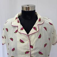 Pink Water Melon Printed Ivory Premium Cotton Full Open Long Polo Shirt Dress | Side Pocket | Free Size | Chest Width 44″| Length 44″