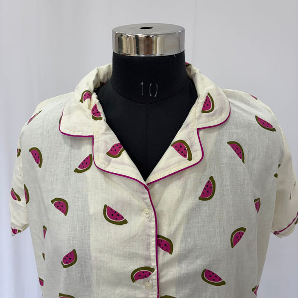 Pink Water Melon Printed Ivory Premium Cotton Full Open Long Polo Shirt Dress | Side Pocket | Free Size | Chest Width 44″| Length 44″