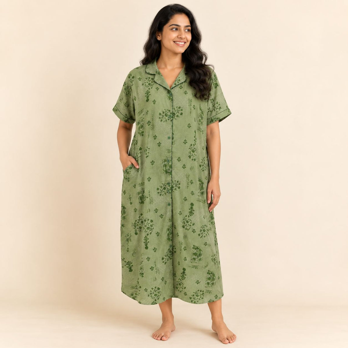 Green Floral Printed Pure Cotton Full Open Long Polo Shirt Dress | Side Pocket | Free Size | Chest Width 44″| Length 44″