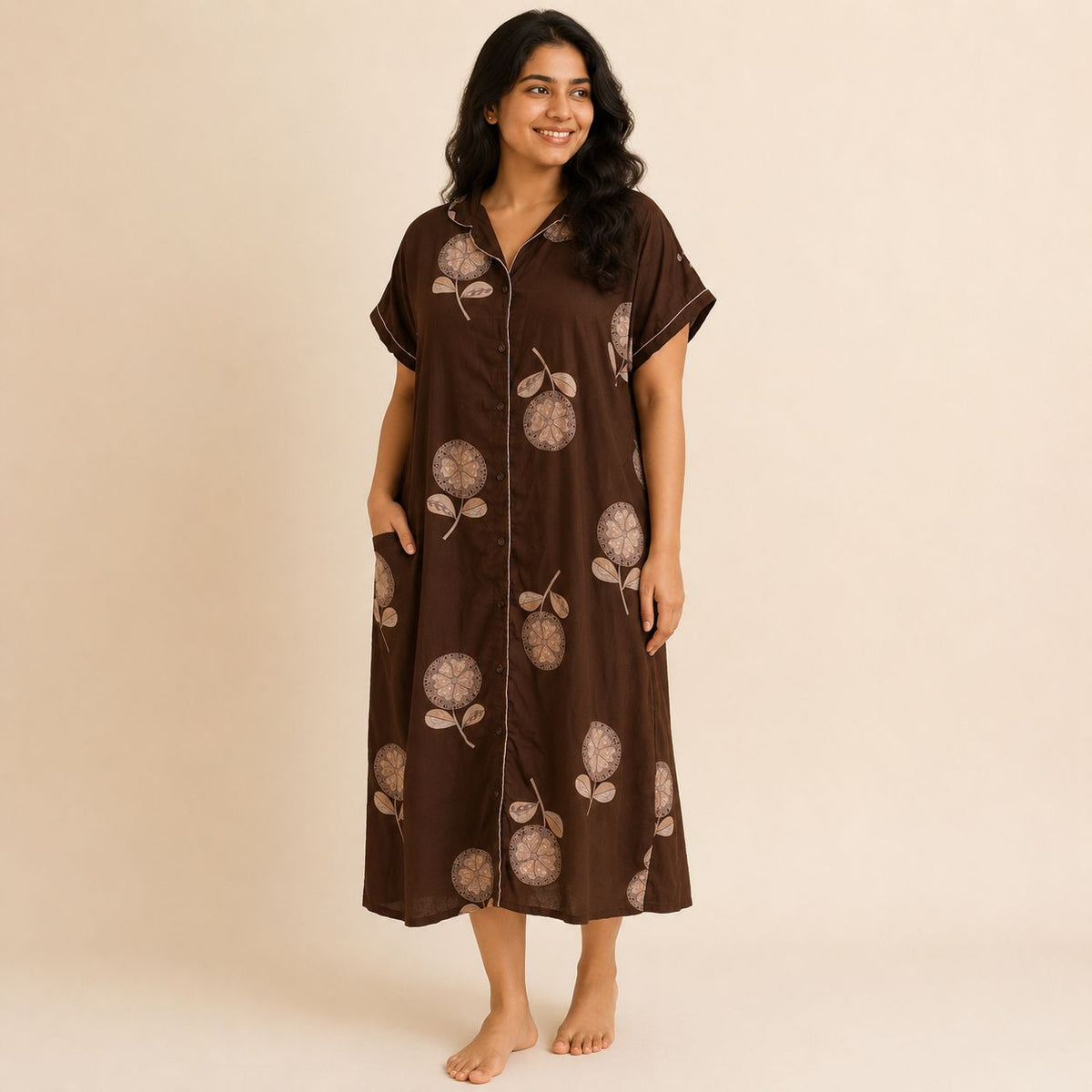 Coffee Brown Floral Printed Alfine Full Open Long Polo Shirt Dress | Side Pocket | Free Size | Chest Width 44″| Length 44″