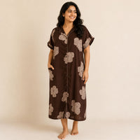 White Floral Printed Coffee Brown Alfine Full Open Long Polo Shirt Dress | Side Pocket | Free Size | Chest Width 44″| Length 44″