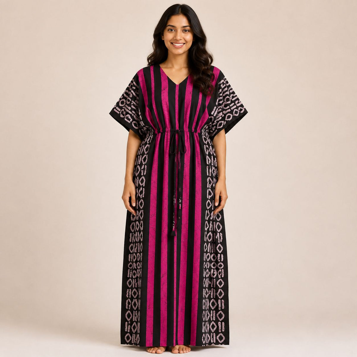 Pink Stripes Printed Black Premium Cotton Feeding Kaftan | Free Size | Chest Width 44″| Length 56″