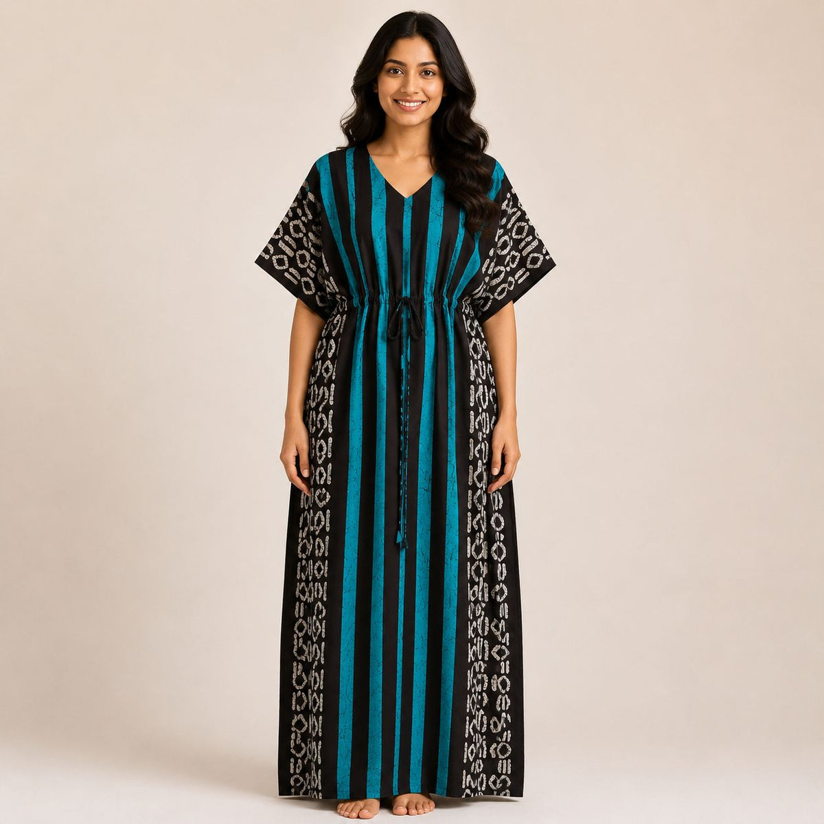 Blue Stripes Printed Black Premium Cotton Feeding Kaftan | Free Size | Chest Width 44″| Length 56″