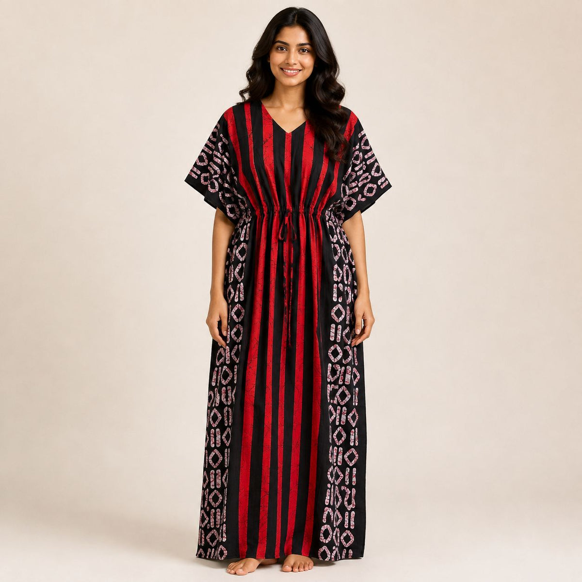 Red Stripes Printed Black Premium Cotton Feeding Kaftan | Free Size | Chest Width 44″| Length 56″