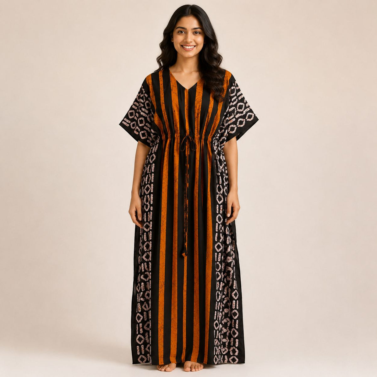 Yellow Stripes Printed Black Premium Cotton Feeding Kaftan | Free Size | Chest Width 44″| Length 56″