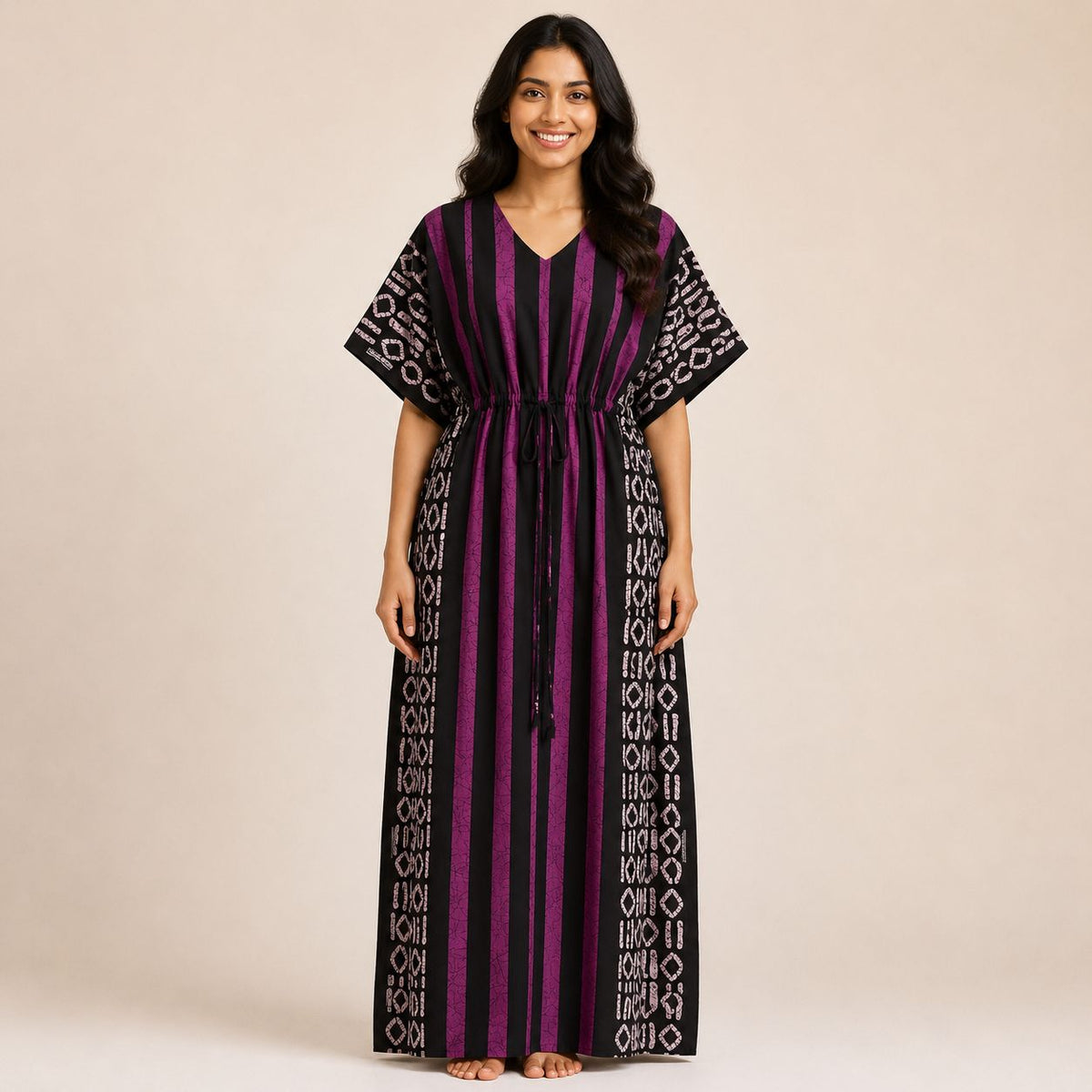 Purple Stripes Printed Black Premium Cotton Feeding Kaftan | Free Size | Chest Width 44″| Length 56″