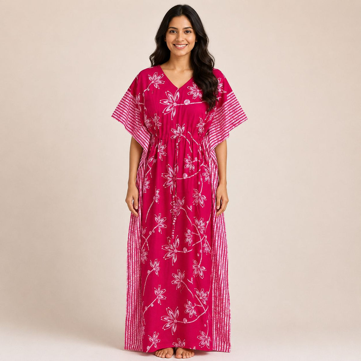 Pink Floral Printed Premium Cotton Feeding Kaftan | Free Size | Chest Width 44″| Length 56″