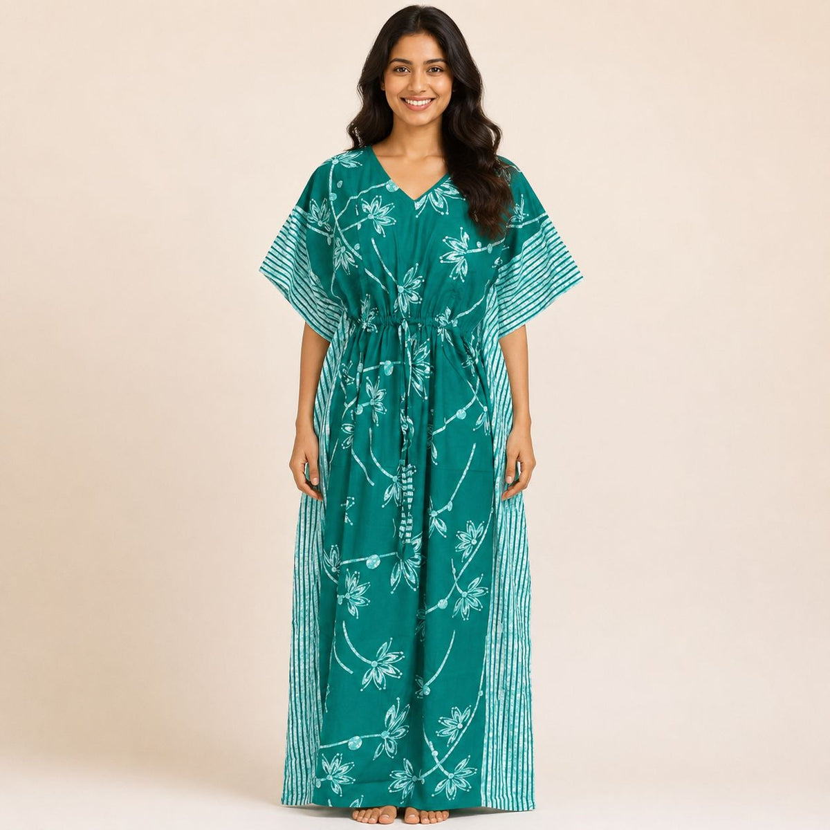 Aqua Green Floral Printed Premium Cotton Feeding Kaftan | Free Size | Chest Width 44″| Length 56″