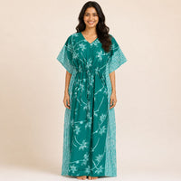 Aqua Green Floral Printed Premium Cotton Feeding Kaftan | Free Size | Chest Width 44″| Length 56″