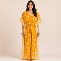 Yellow Floral Printed Premium Cotton Feeding Kaftan | Free Size | Chest Width 44″| Length 56″